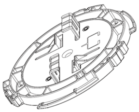 Circular plastic bracket with two metal hinges on either side. The bracket has an image of a 1/4 in ceiling grid printed on it. Circular plastic bracket with two metal hinges on either side. The bracket has an image of a 1/4 in ceiling grid printed on it.